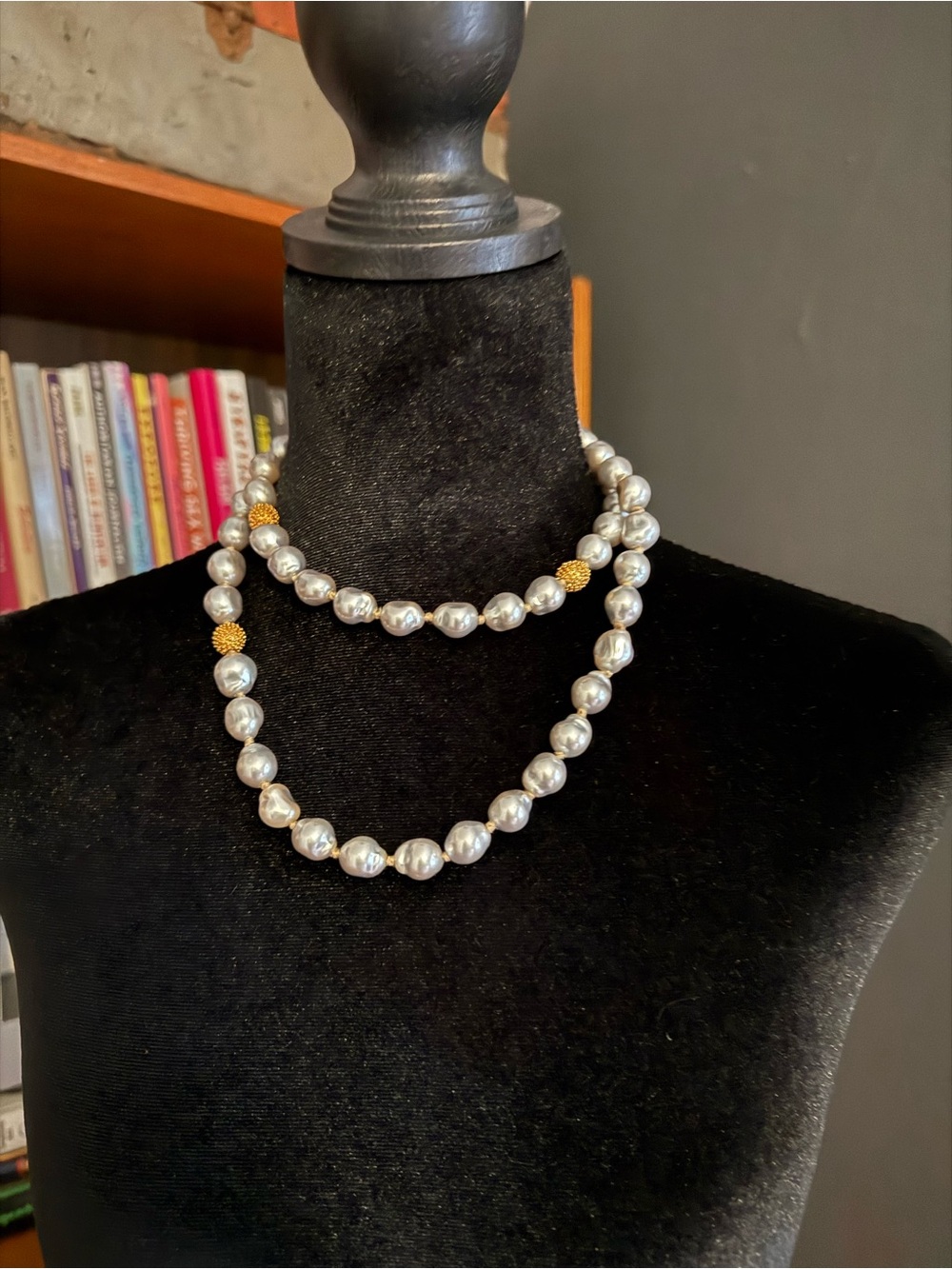 Vintage Silver Pearl Necklace with Gold Accent Beads